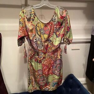 Umgee USA Colorful Print Cold Shoulder Tassel Dress Size L